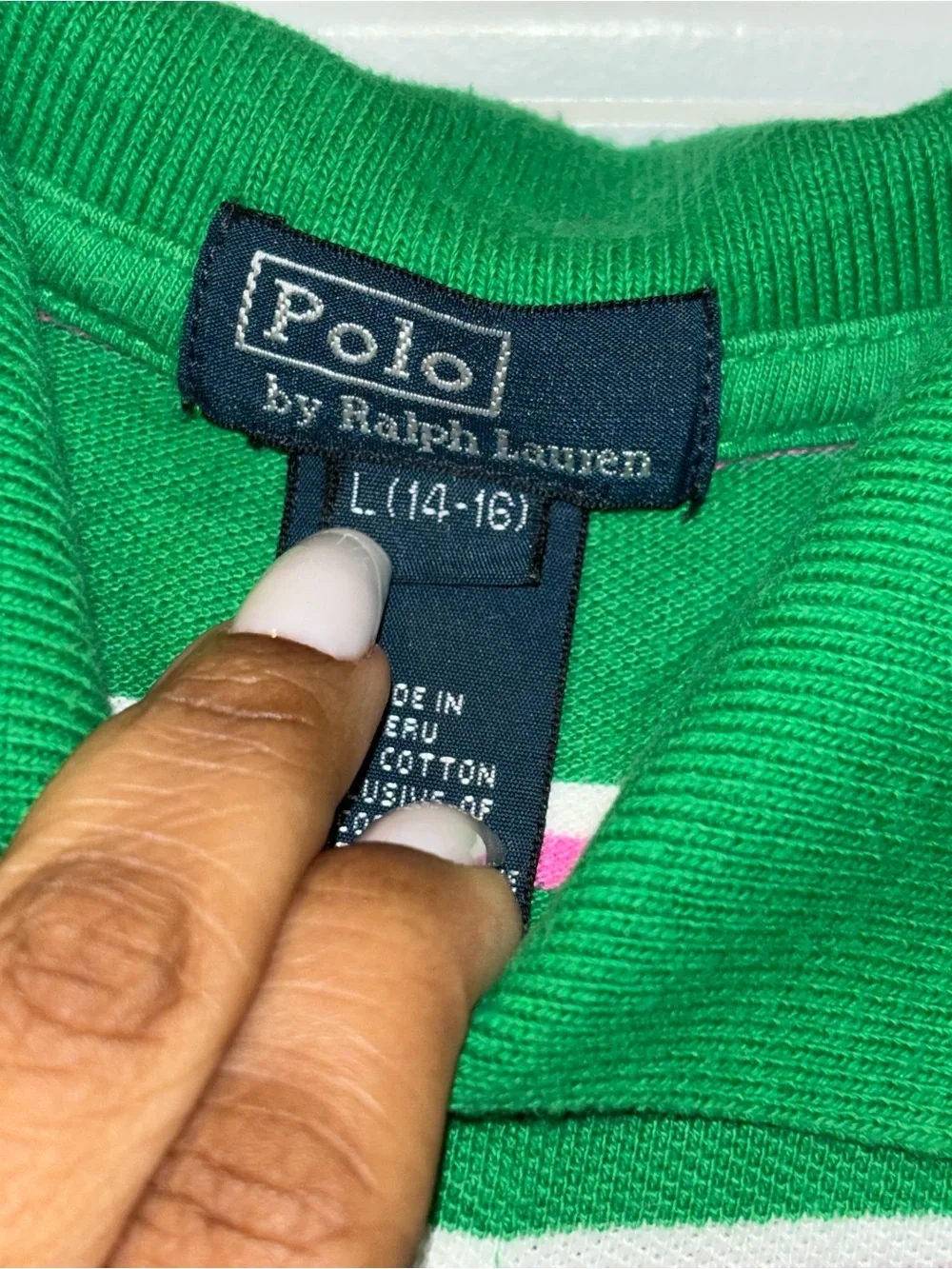 Ralph Lauren Green Polo with White & Pink Stripe Detail